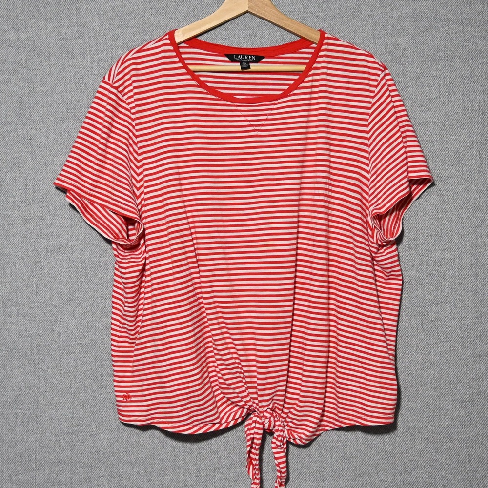 Lauren Ralph Lauren T-Shirt Women Striped Front Tie 2XL Red White